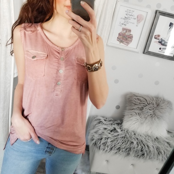 Fall Henley Tank Mineral Wash Pocket Top Breathable Summer Tanks Size S - Picture 2 of 8